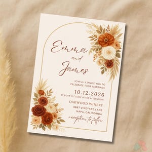 Faire-part de mariage pampa bohème, invitation florale rouille et crème, modèle de faire-part de mariage arche imprimable en terre cuite, faire-part modifiable