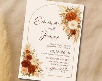 Boho Pampas Hochzeitseinladung, Rost und Creme Blumen laden ein Terrakotta druckbarer Bogen Hochzeitseinladungsvorlage, bearbeitbare Einladung