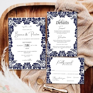 Conjunto de convites de casamento florais azul-marinho, convite de casamento com azulejos mexicanos, cartão de boas-vindas, RSVP e detalhes, inspirado em Talavera, convite para festa espanhola