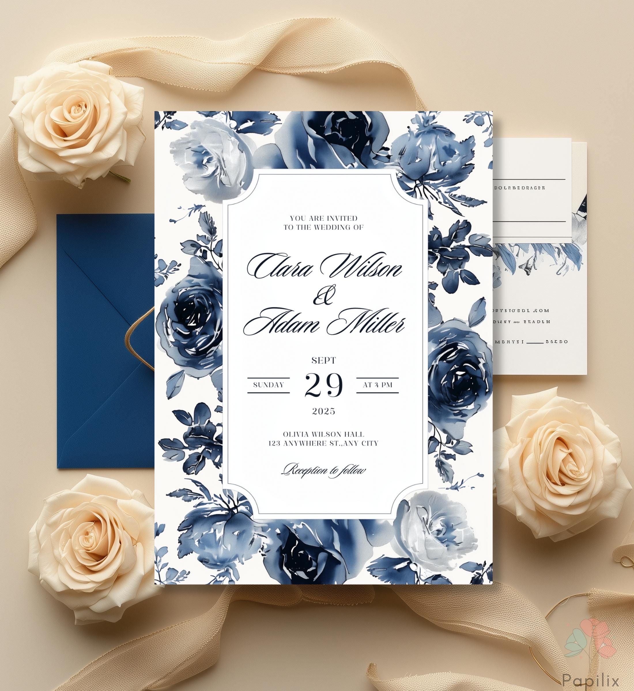 French Blue Flower Wedding Invitation, Blue Floral Wedding 