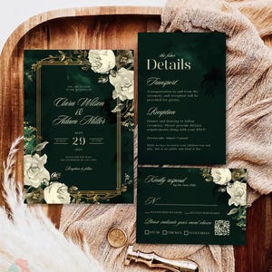 Invitaciones de boda en verde esmeralda y dorado, con flores verde oscuro y marco dorado, elegante invitación botánica, plantilla verde moderna.