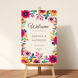 Colorido letrero de bienvenida a la boda mexicana, azulejo floral de Talavera, decoración de boda temática fiesta, letrero de boda de arte popular boho, plantilla editable