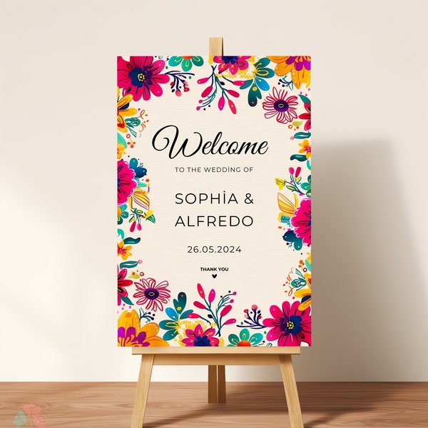 Colorful Mexican Wedding Welcome Sign, Editable Template, Floral Talavera Tile, Fiesta Theme Wedding Decor, Boho Folk Art Wedding Sign