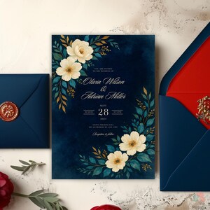 Marineblaue Blumenhochzeits-Einladungs-Vorlage, Gold und weiße Blumen laden ein, elegante dunkelblaue botanische lädt ein, Herbst Aquarell lädt ein