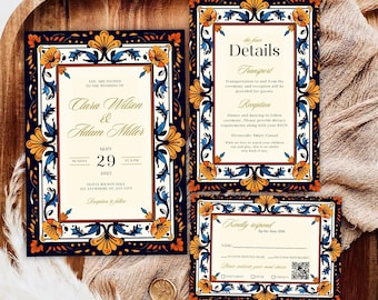 Talavera Tile Wedding Invitation Set Template, Mexican Fiesta Invites, Blue and Orange Floral Invite, Editable Spanish Themed Wedding