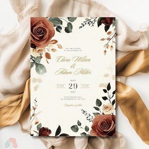 Modèle de faire-part de mariage bohème en terre cuite, invitations florales rouille et crème, invitation verdure bohème orange brûlé, invitations modifiables roses automne