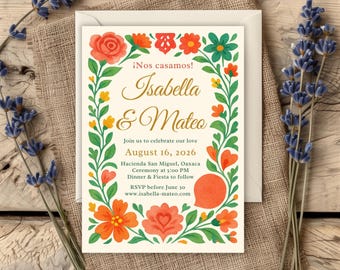 Colorful Floral Wedding Invitation, Mexican Invite, Talavera Floral Invites, Fiesta Folk Art Invitation, Red Orange Green Invites Template
