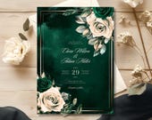Emerald Green & Gold Wedding Invitation, Dark Green Save the Date Card, Elegant Floral Wedding Invite, Green and White Roses Invite Template