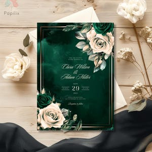 Faire-part de mariage vert émeraude et or, carte « Retenez cette date » vert foncé, invitation de mariage floral élégant, modèle d'invitation de roses vertes et blanches