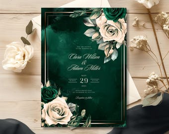 May include: A green and white wedding invitation with gold trim. The invitation features a floral design with white roses and green leaves. The text on the invitation reads "You are invited to the wedding of Clara Wilson & Adam Miller, Sunday, Sept 29, 2025, at 4:00 PM, City Hall, 123 Anywhere, Any City, Reception to follow."