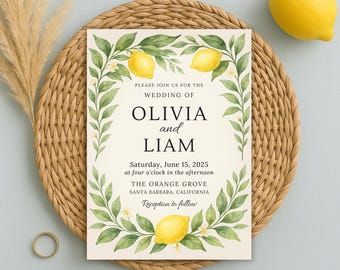 Lemon Wedding Invitation, Citrus Greenery Invite, Yellow and Green Watercolor Invites, Italian Summer Wedding Invitation Template