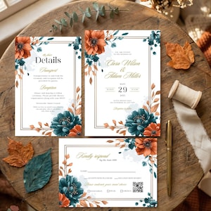 May include: A wedding invitation suite comprising three cards with teal and orange floral designs. The invitation card displays the names "Clara Wilson & Adam Miller" and the date. A gold pen and decorative items are also present.