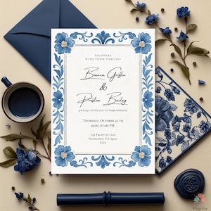 Blue Mexican Wedding Invitation, Blue Floral Invitation, Fiesta Invites, Spanish Folk Art, Talavera Tile Invite, Editable Watercolor Invite