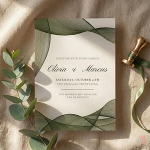 May include: Wedding invitation with olive green abstract wave design and the names Olivia & Marcus. The text includes the date, October 12th, 2024, and the venue, The Modern Art Pavilion, San Francisco. A gold wax seal with green ribbon is on the right.