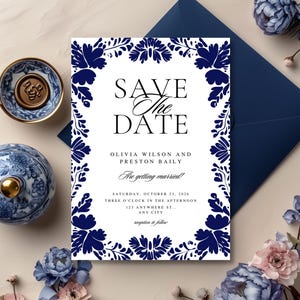 Blue Mexican Save the Date, Talavera Tile Floral Design, Fiesta Wedding Save the Date, Editable Mexican Wedding Template, Birthday Card