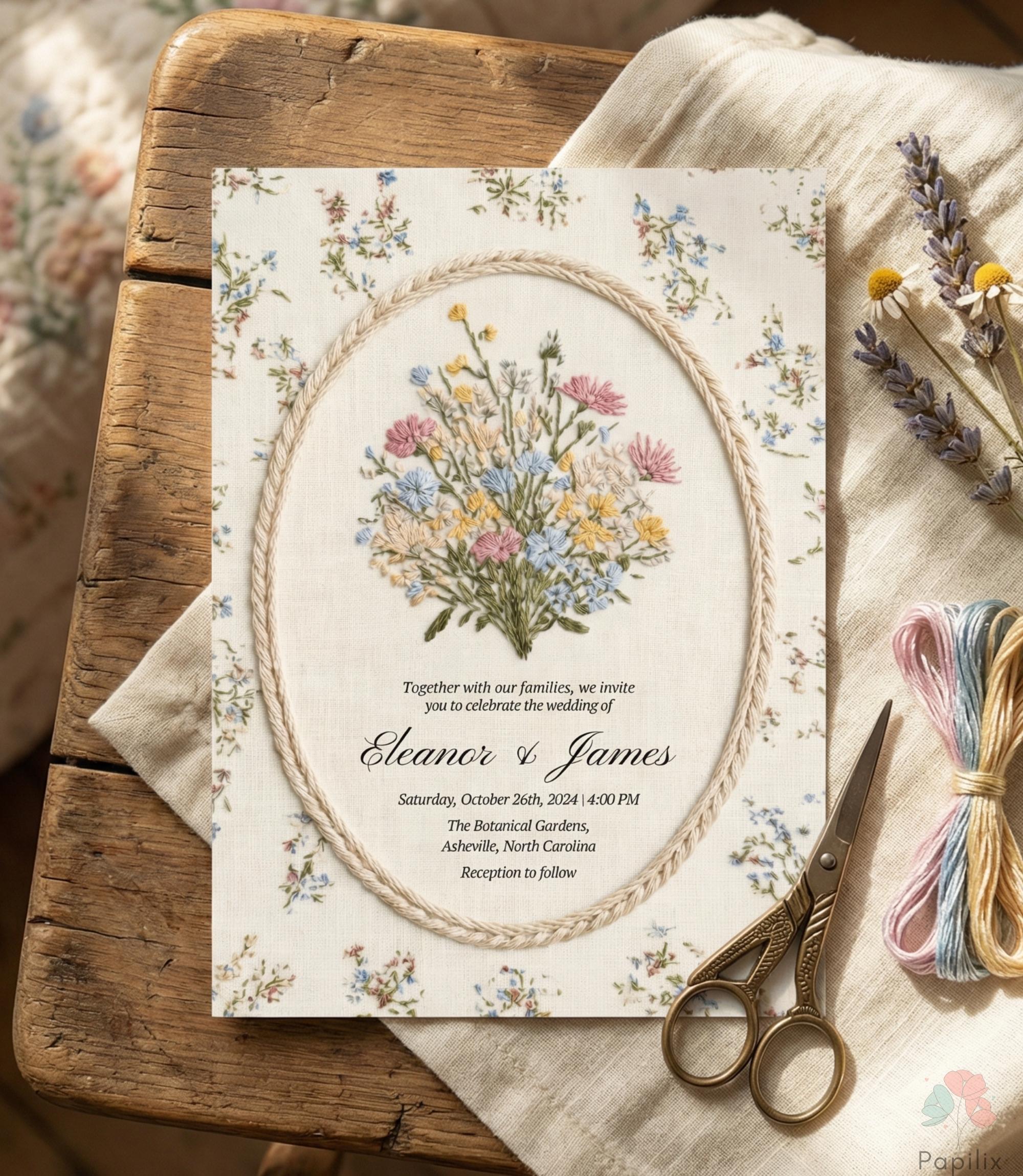 Texture Einvite Embroidered Wildflower Wedding Invite, Linen Texture Floral Invitation ...