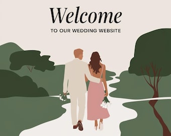 May include: A couple walks hand-in-hand down a white path, surrounded by green foliage. The text "Welcome to our wedding website" is displayed above them.