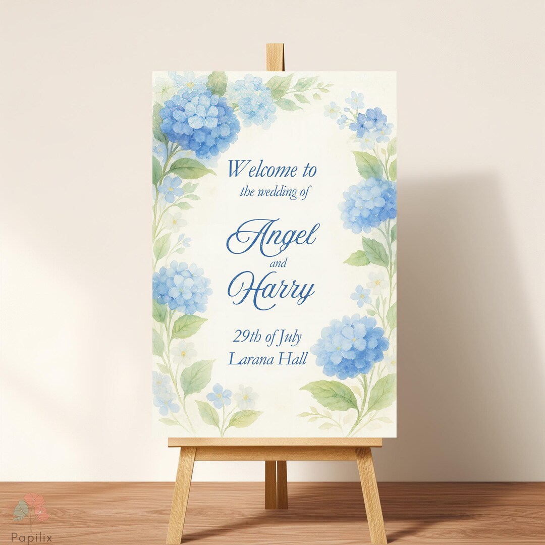 Blue Hydrangea Welcome Sign, Watercolor Floral Welcome Poster, Dusty ...