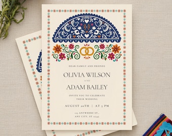 Editable Mexican Wedding Invitation Template, Talavera Tile Fiesta Invites, Papel Picado Folk Art Invite, Bright Floral Otomi Style Invites