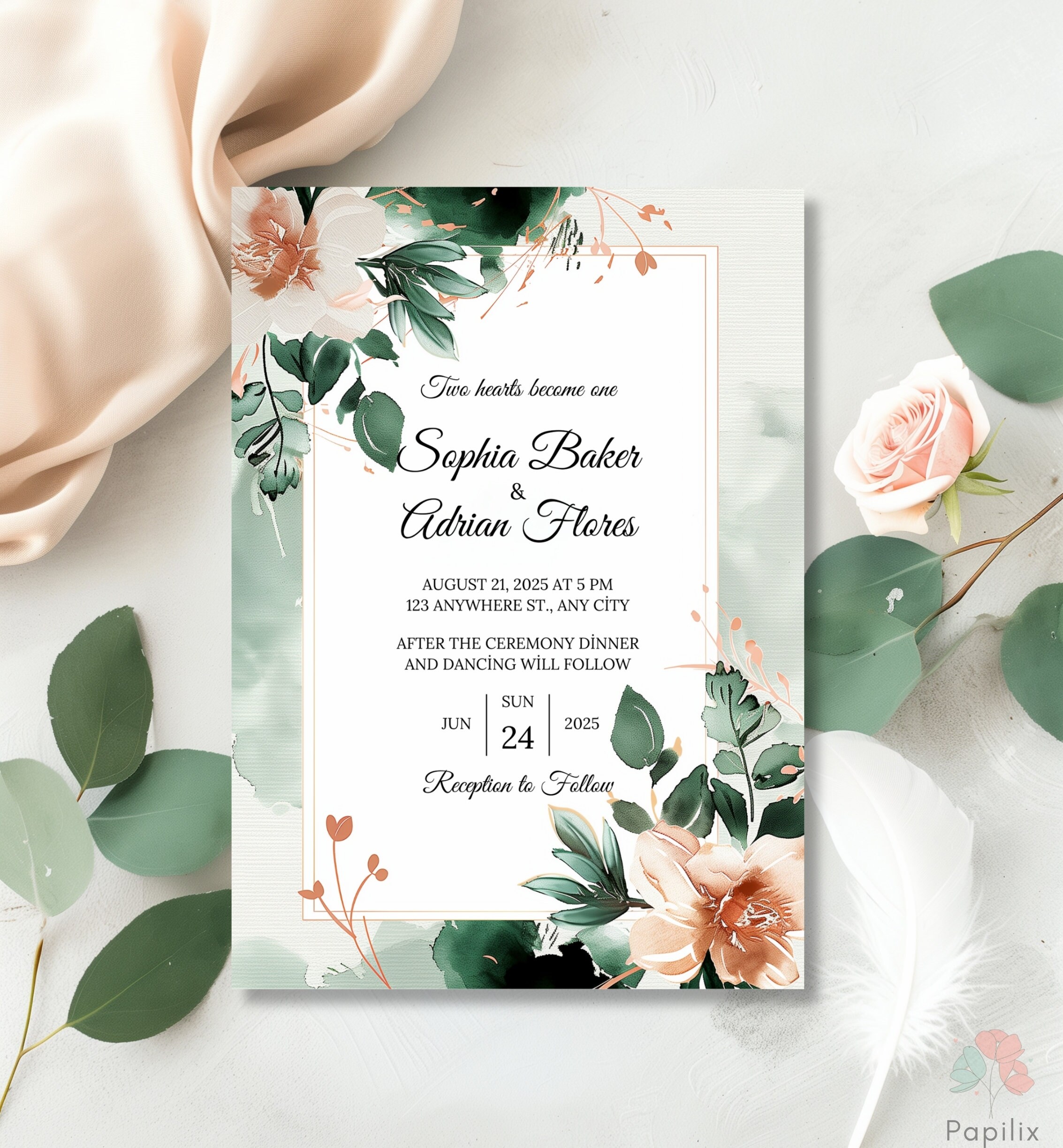 Elegant Sage Green Floral Wedding Invitation, Peach and Greenery ...