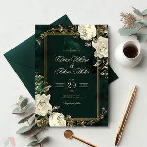Smaragdgrüne und weiße Rosen Hochzeitseinladung, Blumenrahmen einladen, elegante dunkelgrüne und elfenbeinfarbene Luxuseinladung, bearbeitbare Vorlage