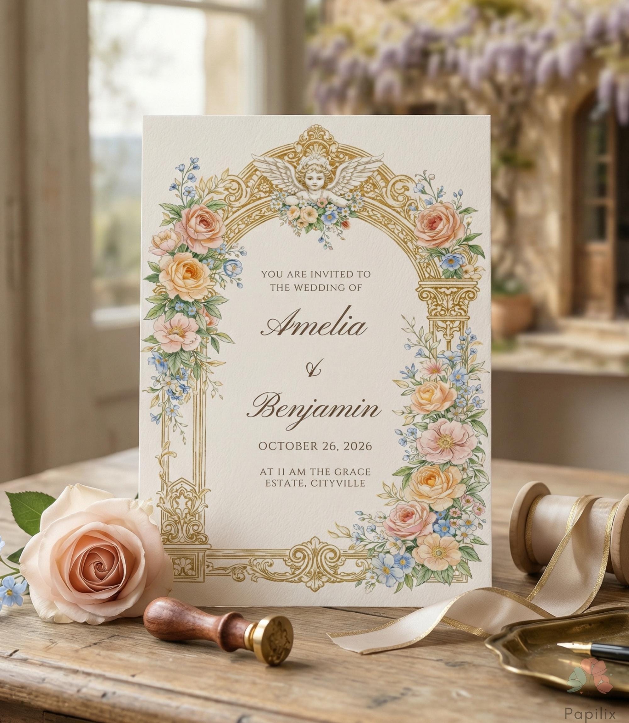 Gold Ornate Arch Wedding Invitation, Pastel Floral Cherub Invite ...
