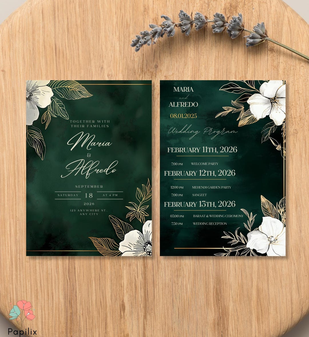 Emerald Green Wedding Invitation Set, Dark Green and Gold Floral Invite ...