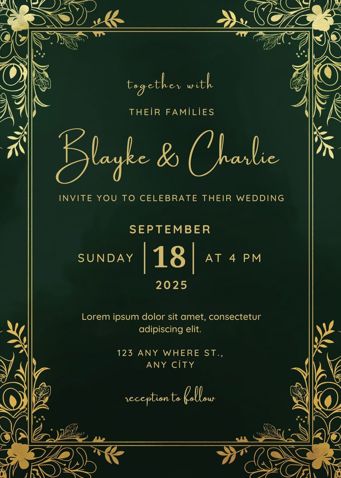 Emerald Green and Gold Wedding Invitation, Elegant Floral Invites ...