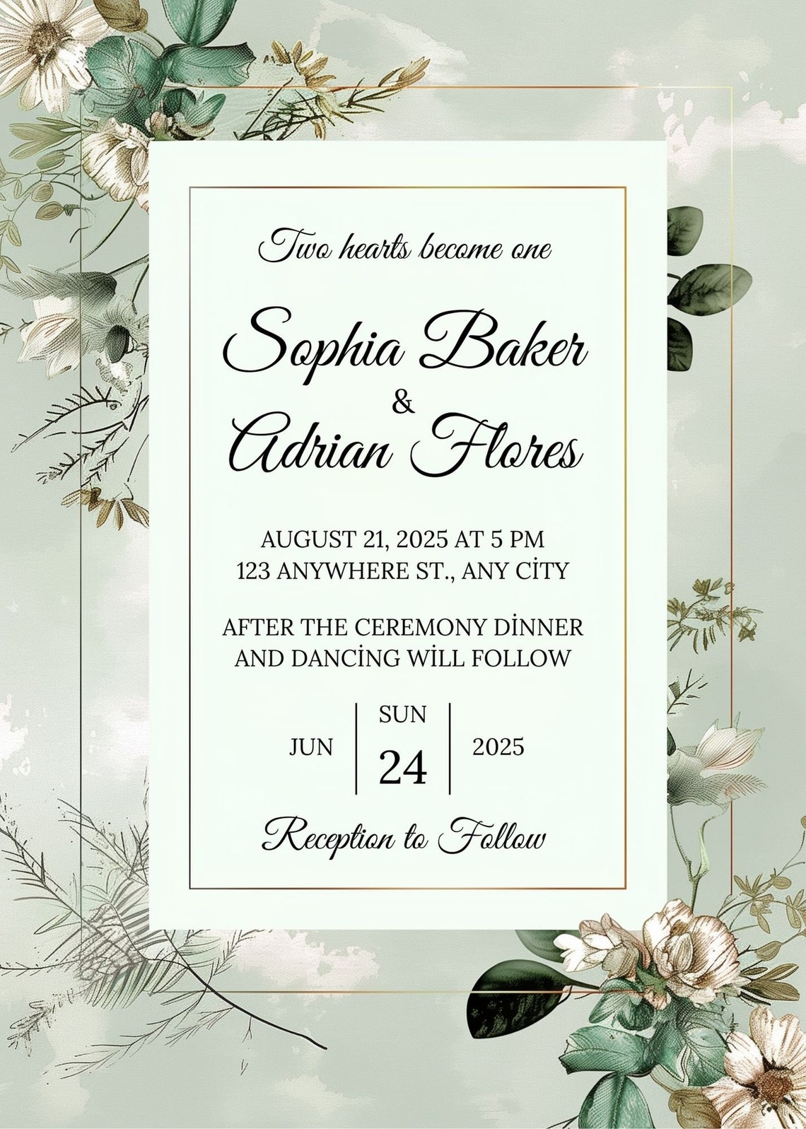 Elegant Sage Green Floral Wedding Invitation, Botanical Vintage Invite ...