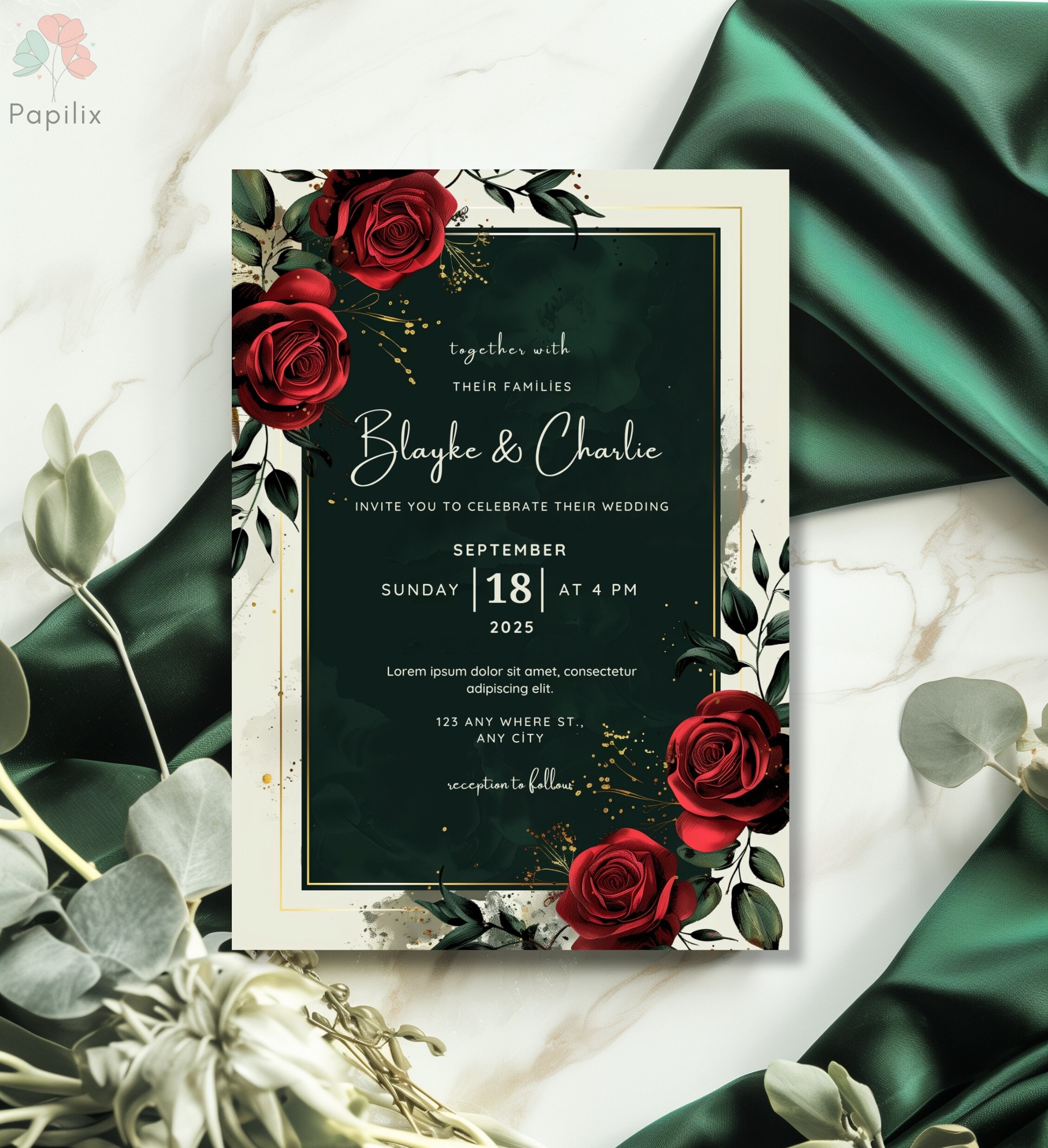 Elegant Emerald Green and Gold Wedding Invitation, Red Rose Floral ...