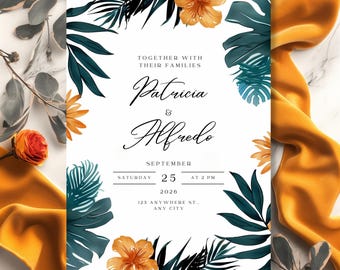 Tropical Wedding Invitation Tempalte, Orange Hibiscus and Teal Palm Leaves, Editable Summer Beach Wedding Invites, Exotic Floral Invitation