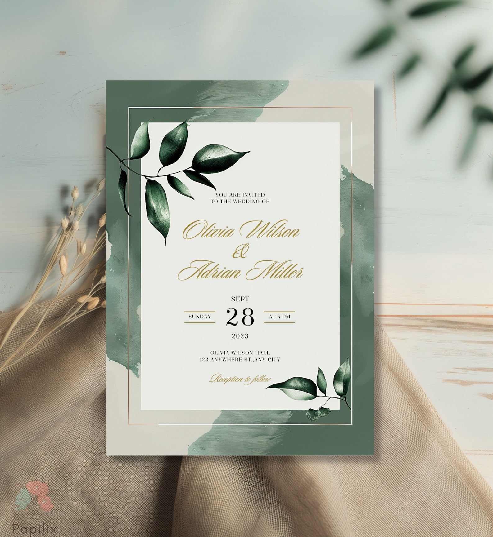 Minimalist Sage Green Invitation, Elegant Greenery Wedding Invitation ...