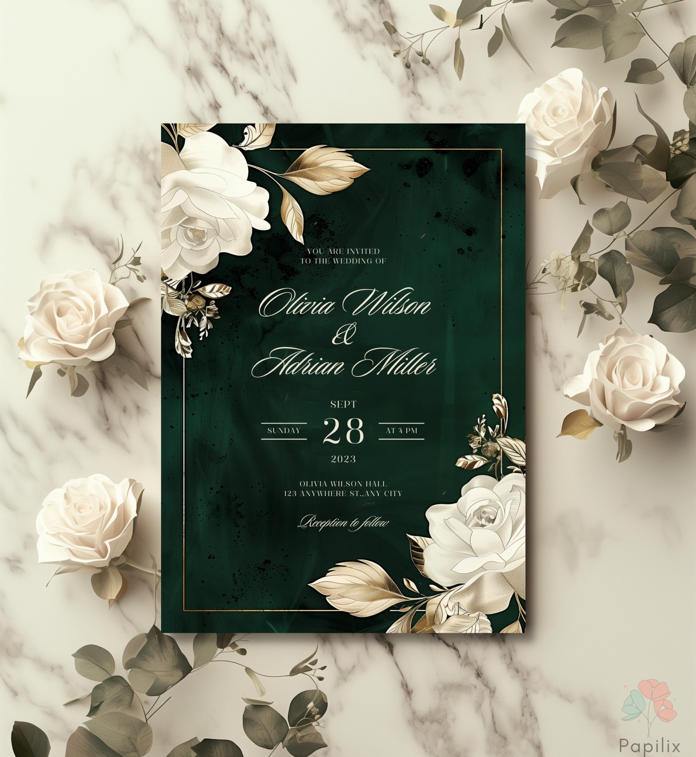Emerald Green and Gold Floral Wedding Invitation, Elegant Greenery ...