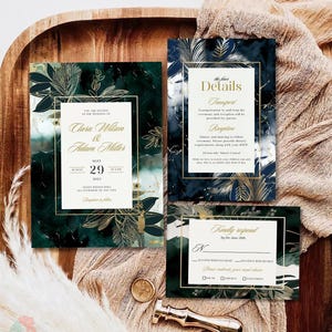 Emerald Green Wedding Invitation Template, Gold Foil Botanical Invites, Dark Green & Gold Marble Wedding Invitation Set, Elegant Blue Invite