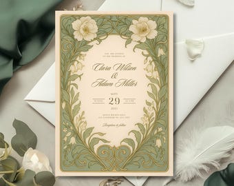 Art Nouveau Wedding Invitation Template, Vintage Green and Cream Floral Invite, Elegant Botanical Border, Editable Antique Style Invites