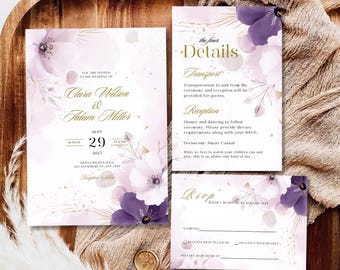 Elegant Purple Floral Wedding Invitation Set, Modern Lilac Lavender and Gold Watercolor Invite Suite, Editable Template for Romantic Wedding