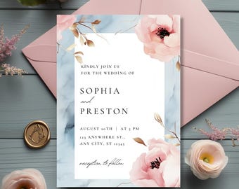 May include: Wedding invitation with a blue and white watercolor background and pink flowers. The invitation reads "Kindly join us for the wedding of Sophia and Preston, August 20th at 5 PM, 123 Anywhere St., Any City, ST 12345, reception to follow."