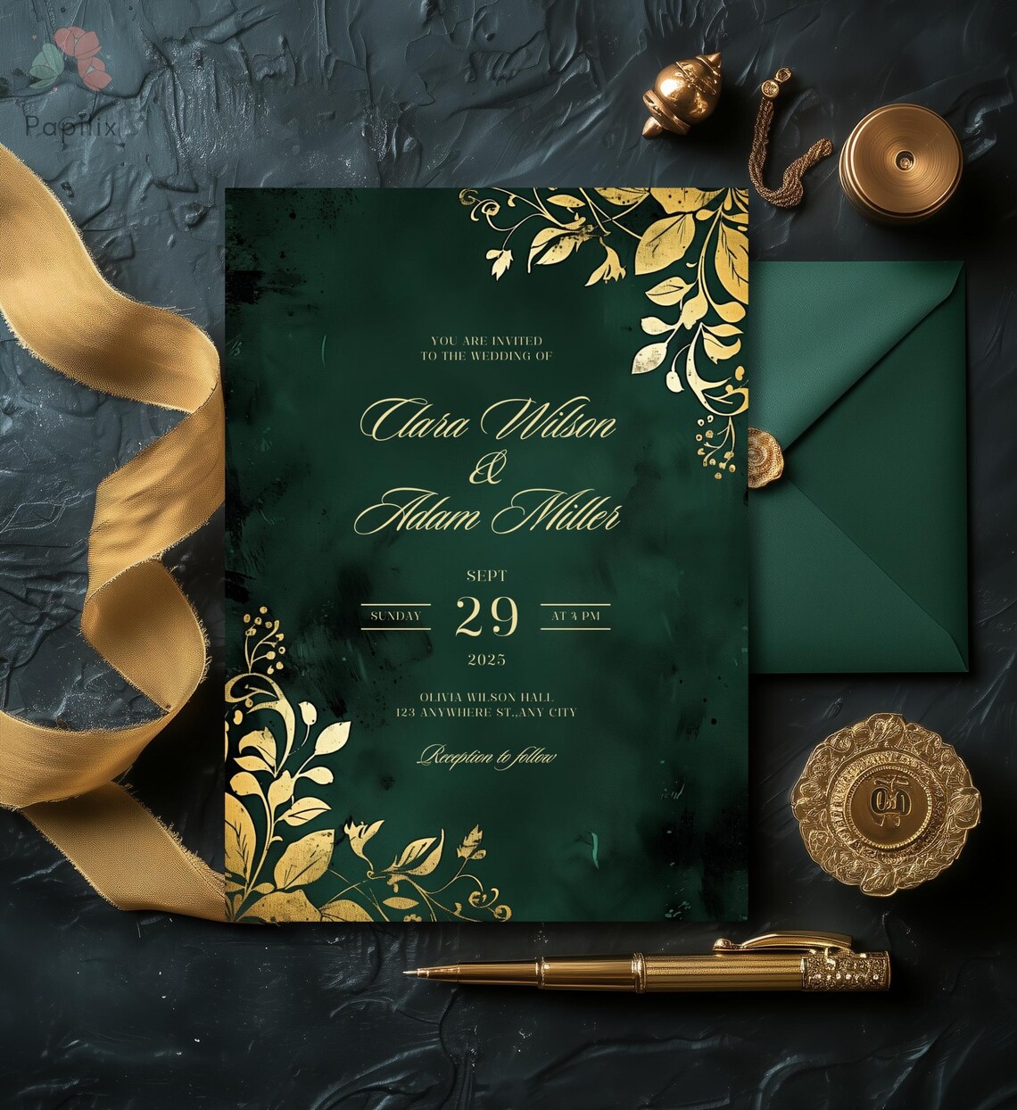 Emerald Green and Gold Floral Wedding Invitation Template, Dark Green ...