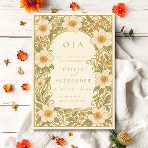 Convite de casamento floral vintage, convite botânico elegante em creme e dourado, convites de casamento inspirados em Art Nouveau, modelo clássico editável