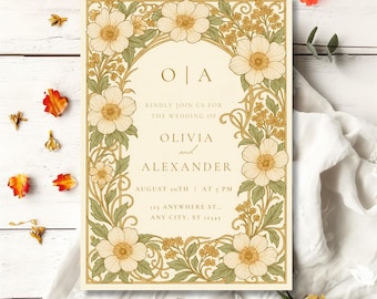 Vintage Floral Wedding Invitation, Elegant Cream and Gold Botanical Invite, Art Nouveau Inspired Wedding Invites, Classic Editable Template