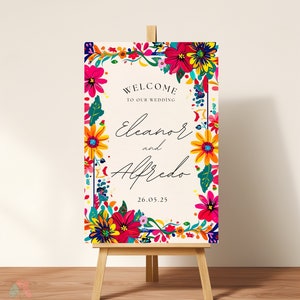Mexikanische Hochzeit Willkommensschild und Abendmenü-Set, bunte Fiesta-Einladung, bearbeitbare Talavera-Kachel, lebendige Blumenvolkskunst-Rot lädt ein