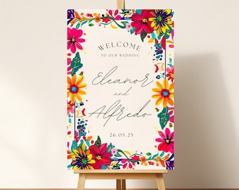 Mexican Wedding Welcome Sign and Dinner Menu Set, Colorful Fiesta Invitation, Editable Talavera Tile, Vibrant Floral Folk Art Red Invites