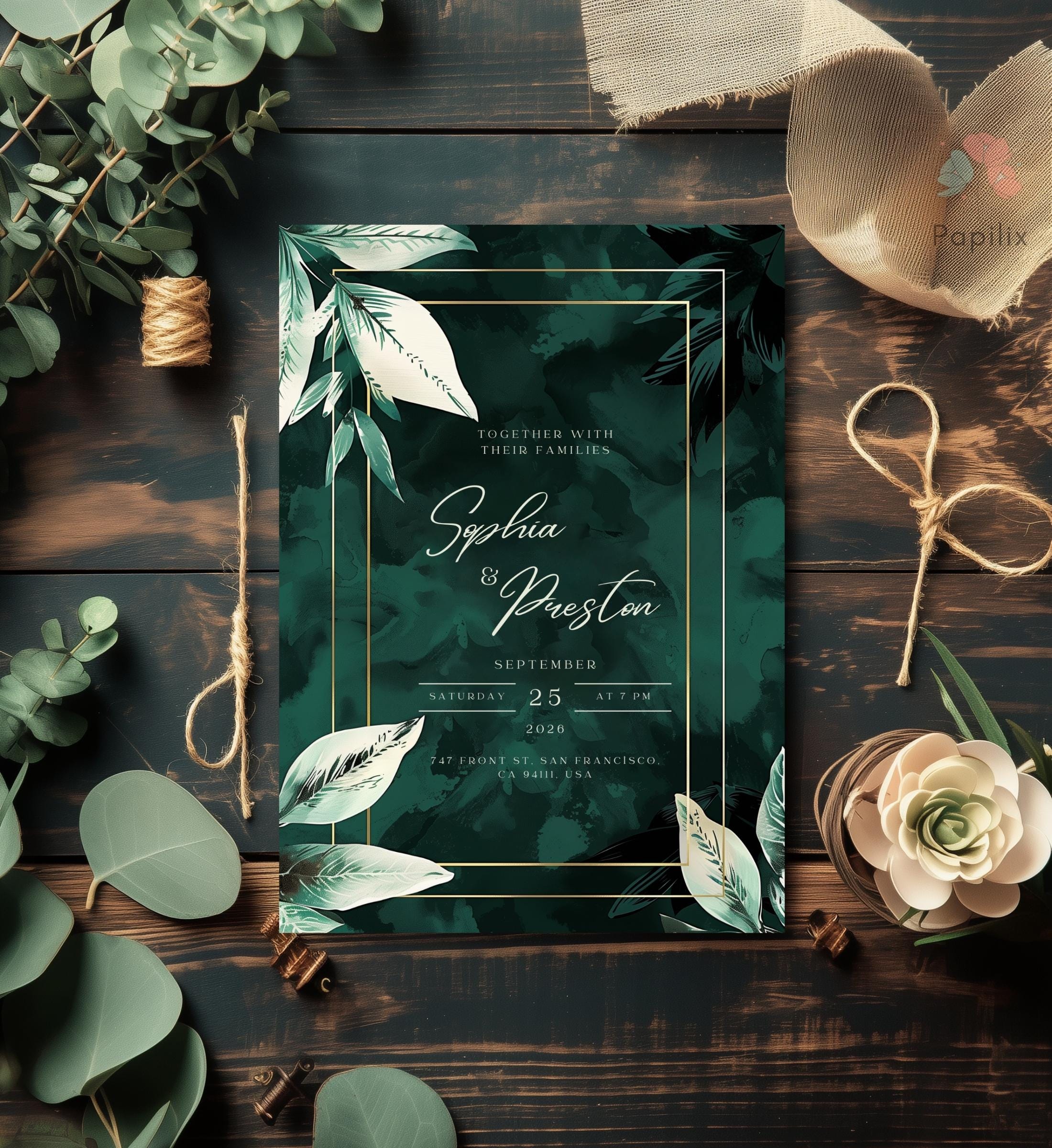 Emerald Green Wedding Invite Template Gold Framed Tropical Leaf Design emerald-green-wedding-invite-template-gold-framed-tropical-leaf-design