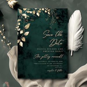 Carte "Retenez cette date" vert émeraude et or, "Retenez cette date" feuilles feuille d'or, "Retenez cette date" floral vert foncé et doré, carte élégante vert forêt