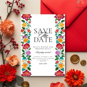 Mexikanische Save the Date Karte, Talavera Blumenhochzeitsankündigung, bunte Fiesta Hochzeit Save the Date, bearbeitbare Boho Invite Vorlage