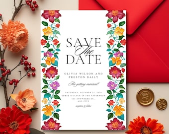 Mexican Save the Date Card, Talavera Floral Wedding Announcement, Colorful Fiesta Wedding Save the Date, Editable Boho Invite Template