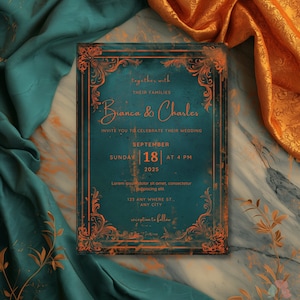 Könnte beinhalten: Tealfarbene und kupferfarbene Hochzeitseinladung mit einem dekorativen Rand. Die Einladung lautet "together with their families Bianca & Charles invite you to celebrate their wedding September 18 at 4 PM 2025 Lorem ipsum dolor sit amet, consectetur adipiscing elit. 123 Any Where St., Any City reception to follow".