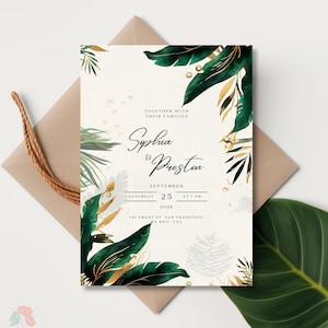 Modello di invito di nozze con foglie verdi, invito oro e verde, elegante tema giungla modificabile, botanico - inviti tropicali download immediato