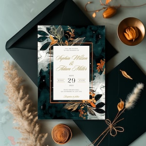 Faire-part de mariage floral vert émeraude et or, invitation botanique élégante, vert foncé et cuivre, invitations de mariage aquarelle moderne, automne