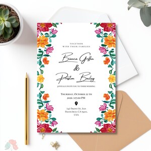 Mexican Wedding Invitation, Talavera Tile Border, Colorful Floral Invite, Fiesta Theme Invite, Editable Boho Template, Folk Art Invites